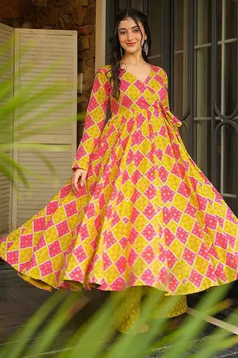 Yellow heavy digital printed heavy rayon gown palazzo style