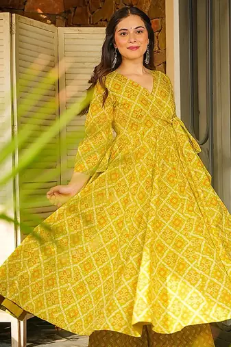 Yellow heavy digital printed heavy rayon gown palazzo style