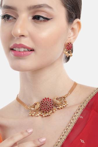 Minimalist red kemp floral choker set