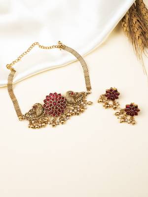 Minimalist red kemp floral choker set 2