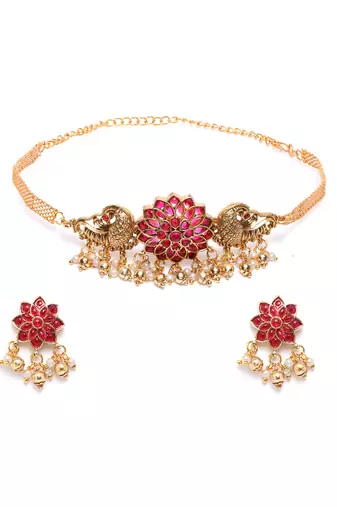 Minimalist red kemp floral choker set