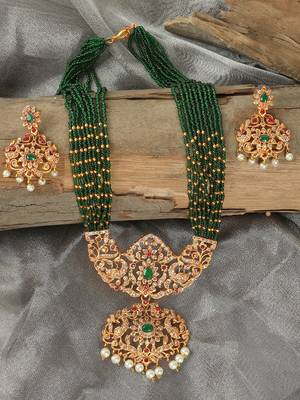 Ad emeralds studded green beads layered long necklace 1