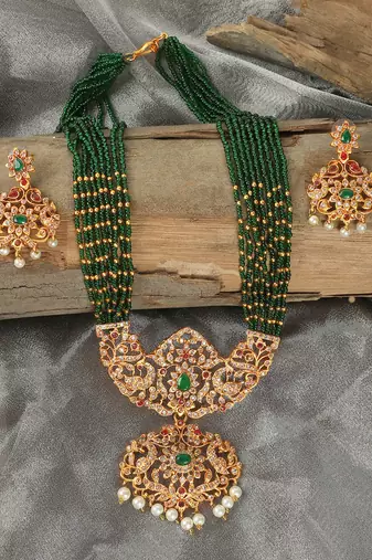 Ad emeralds studded green beads layered long necklace