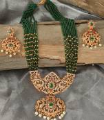 Ad emeralds studded green beads layered long necklace