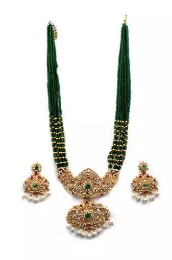 Ad emeralds studded green beads layered long necklace