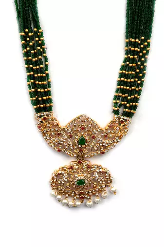 Ad emeralds studded green beads layered long necklace