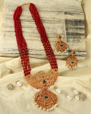 Ad emeralds studded red beads layered long necklace 1