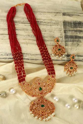 Ad emeralds studded red beads layered long necklace