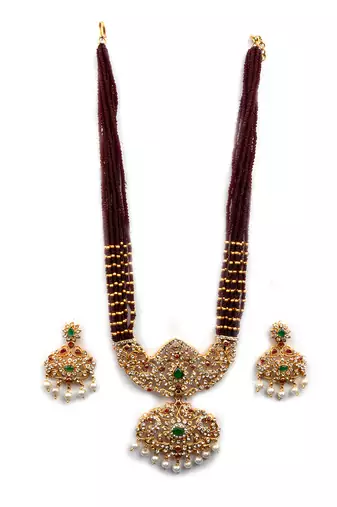 Ad emeralds studded red beads layered long necklace