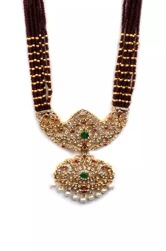 Ad emeralds studded red beads layered long necklace
