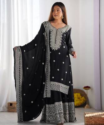 Black chinnon silk heavy embroidery work fully salwar suit 1