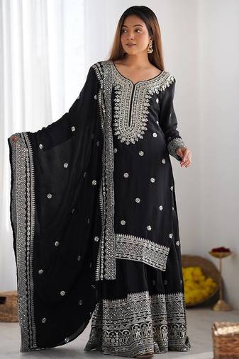 Black colour chinnon silk heavy embroidery work fully stitched salwar suit