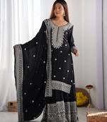 Black colour chinnon silk heavy embroidery work fully stitched salwar suit