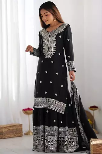 Black chinnon silk heavy embroidery work fully salwar suit
