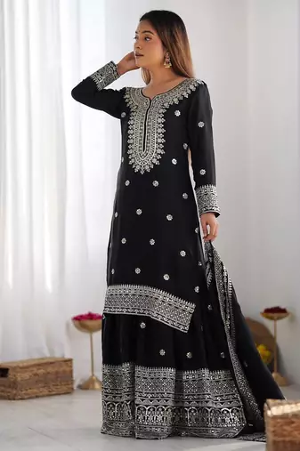 Black chinnon silk heavy embroidery work fully salwar suit