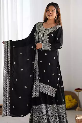 Black chinnon silk heavy embroidery work fully salwar suit