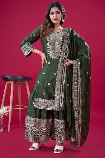 Green colour chinnon silk heavy embroidery work fully stitched salwar suit