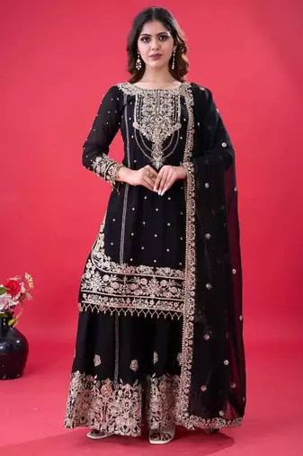 Black color faux georgette embroidery work sharara set