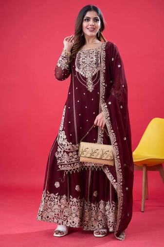 Maroon color faux georgette embroidery work sharara set