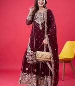 Maroon faux georgette embroidery work sharara set