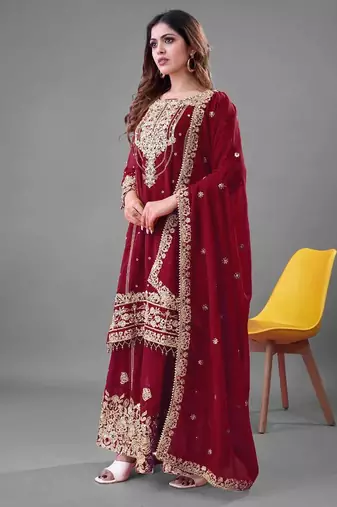 Red color faux georgette embroidery work sharara set