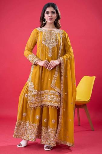 Yellow color faux georgette embroidery work sharara set