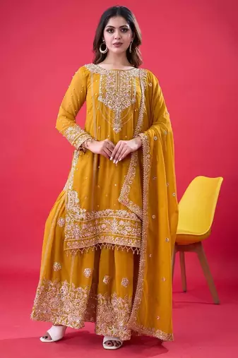 Yellow faux georgette embroidery work sharara set