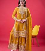 Yellow faux georgette embroidery work sharara set