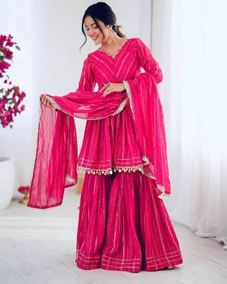 Pink mal chnaderi silk mirror work and hand work sharara set 1