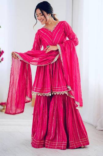 Pink color mal chnaderi silk mirror work and hand work sharara set
