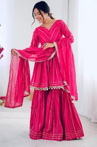 Pink color mal chnaderi silk mirror work and hand work sharara set