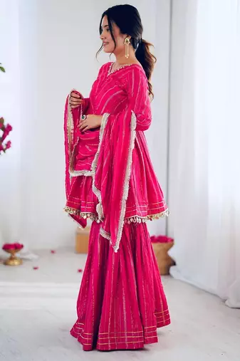 Pink mal chnaderi silk mirror work and hand work sharara set
