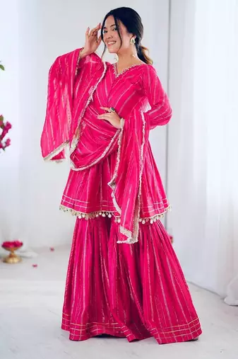 Pink mal chnaderi silk mirror work and hand work sharara set