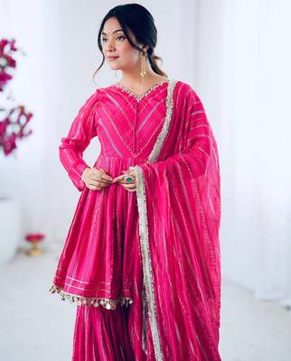 Pink mal chnaderi silk mirror work and hand work sharara set 5