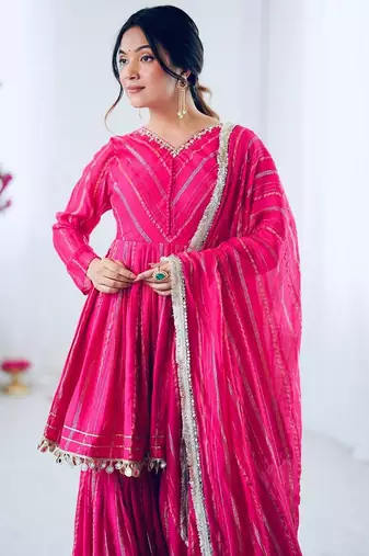 Pink mal chnaderi silk mirror work and hand work sharara set