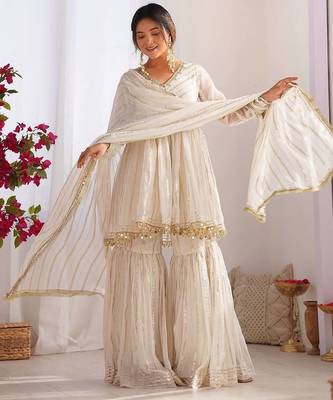 White mal chnaderi silk mirror work and hand work sharara set 1
