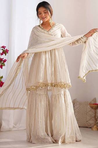 White color mal chnaderi silk mirror work and hand work sharara set