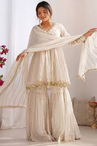 White color mal chnaderi silk mirror work and hand work sharara set