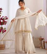 White mal chnaderi silk mirror work and hand work sharara set