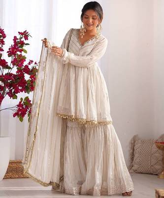 White mal chnaderi silk mirror work and hand work sharara set 4