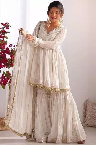 White mal chnaderi silk mirror work and hand work sharara set