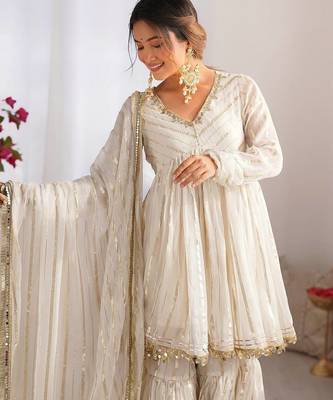 White mal chnaderi silk mirror work and hand work sharara set 5