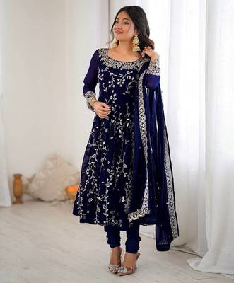 Blue hevay faux georgette embroidery work gown 1