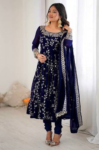 Blue color hevay faux georgette embroidery work gown