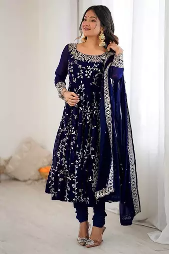 Blue color hevay faux georgette embroidery work gown