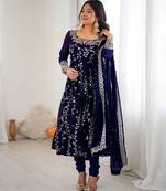 Blue hevay faux georgette embroidery work gown