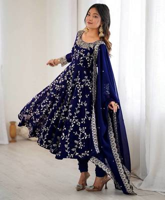 Blue hevay faux georgette embroidery work gown 4