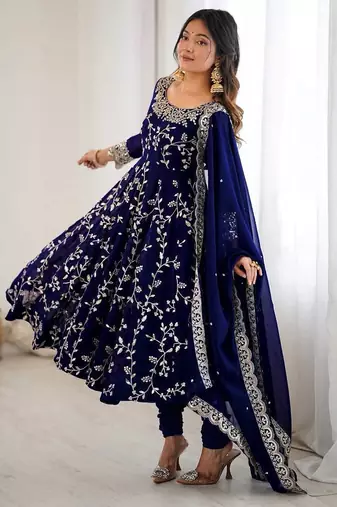 Blue hevay faux georgette embroidery work gown