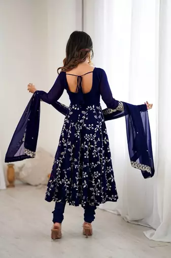 Blue hevay faux georgette embroidery work gown