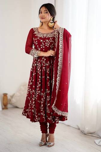 Maroon color hevay faux georgette embroidery work gown